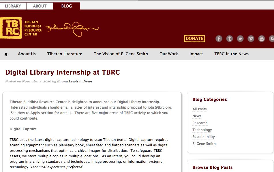 Digital Library Internship at TBRC Announced